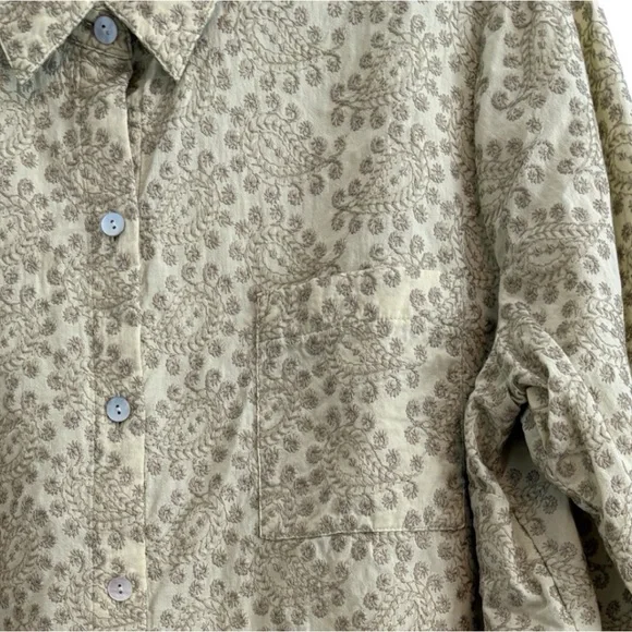 J. Jill Size L Olive Green Floral Embroidered Button-Up Blouse Boho Cotton Top - Picture 7 of 9